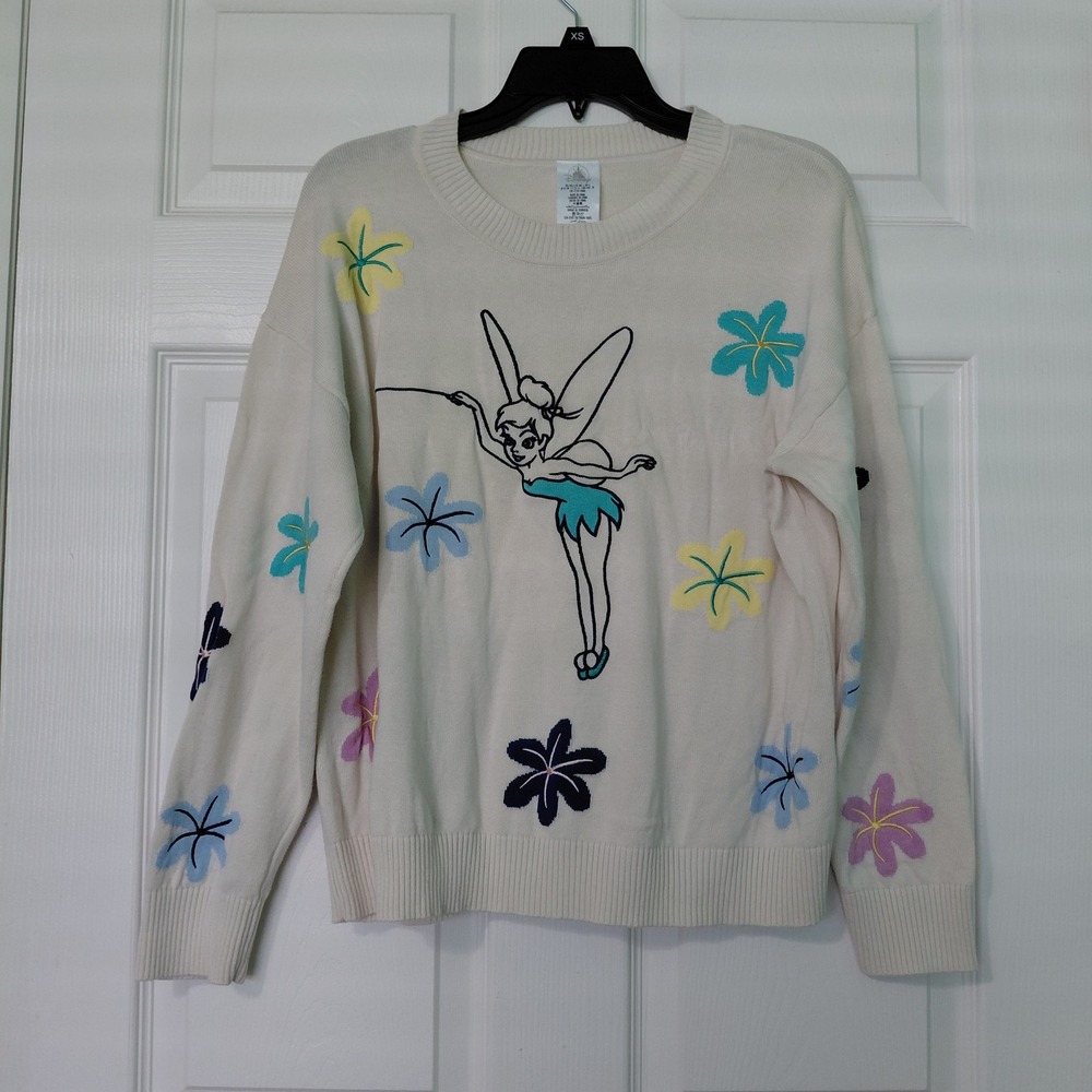 Disney Tinker Bell Floral Knit Sweater Cream Long Sleeve Pullover Large